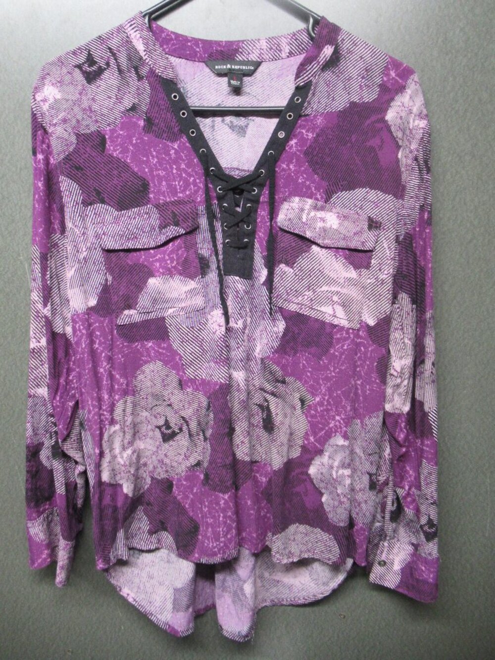 Rock and Republic Purple and Black Lace Up V Neck Longsleeve Shirt
